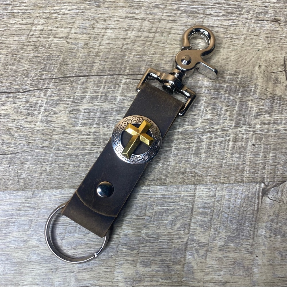 Trigger snap keychain brown rustic leather cross silver/gold toned circle